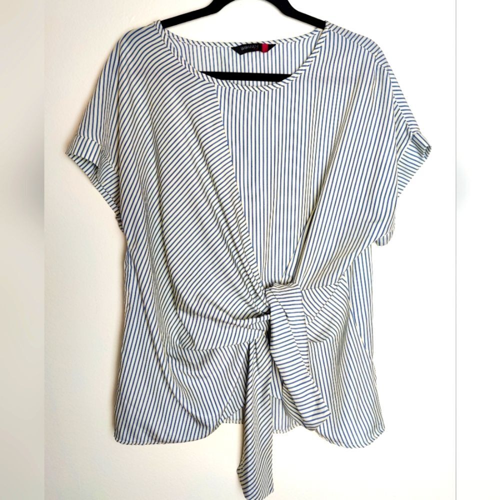 SM Woman Plus Striped Tie-Front Blouse, Blue/White, Size 1L